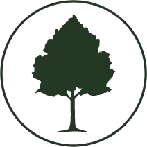 Stylized tree icon inside a circular border, dark green on transparent background